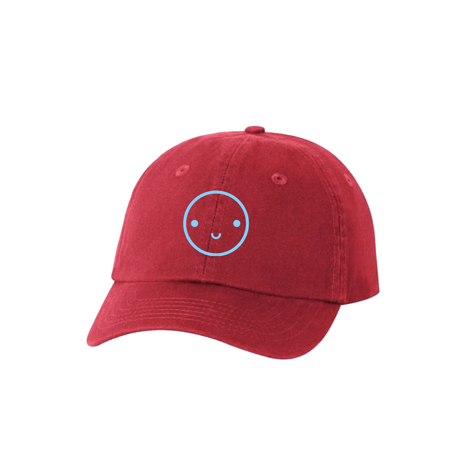Red baseball hat with light blue embroidered smiley face.
