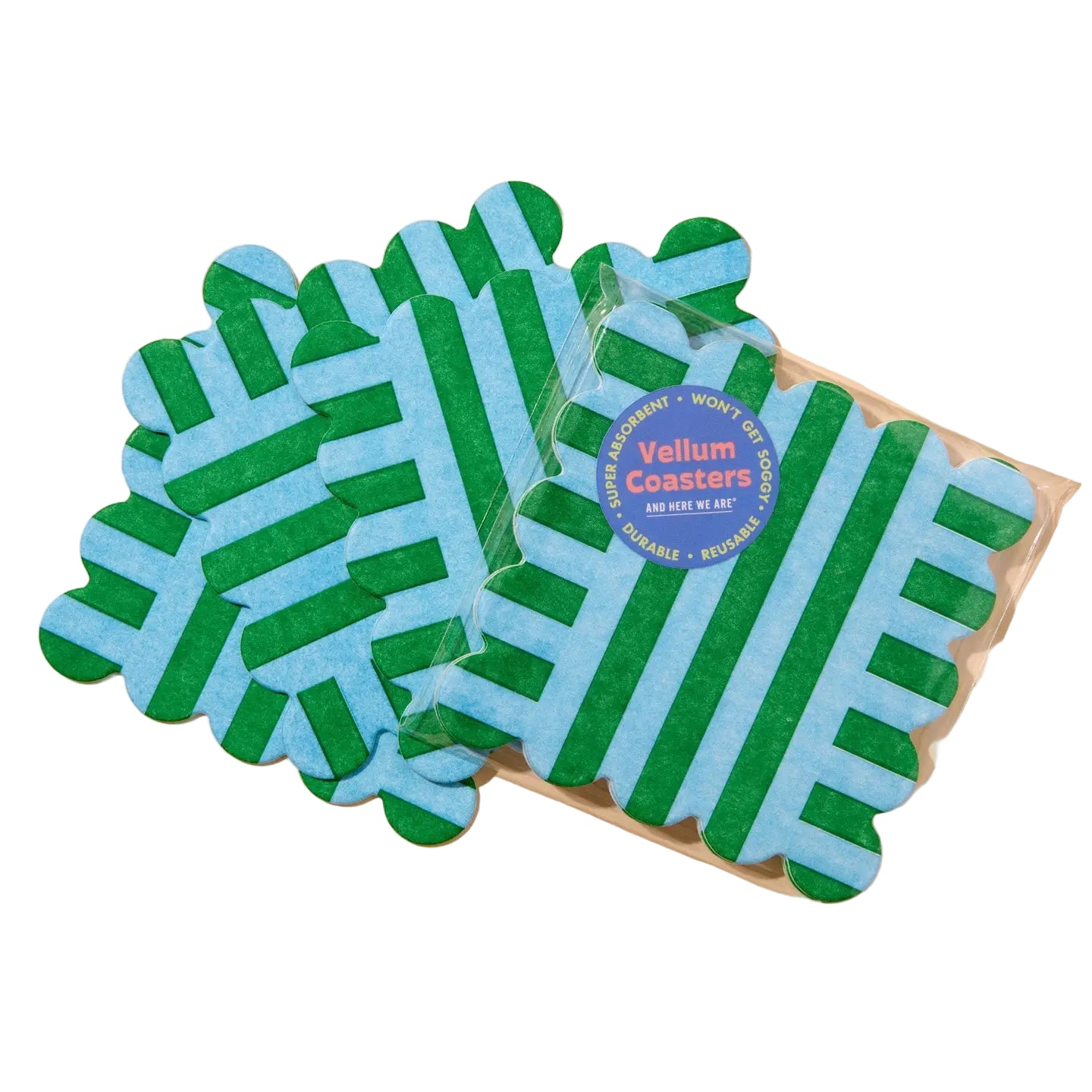 Packaged green and blue coasters on a beige background