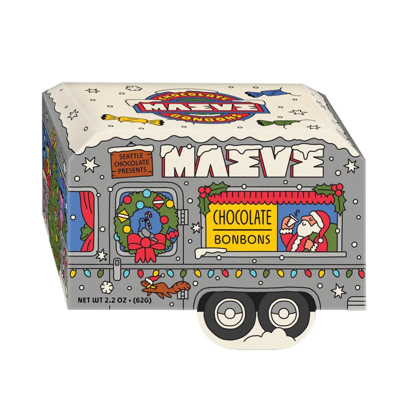 Festive box design depicting a Christmas-themed vehicle with wheels, wreaths, and Santa. Text reads "Seattle Chocolate Presents, Chocolate Bonbons."