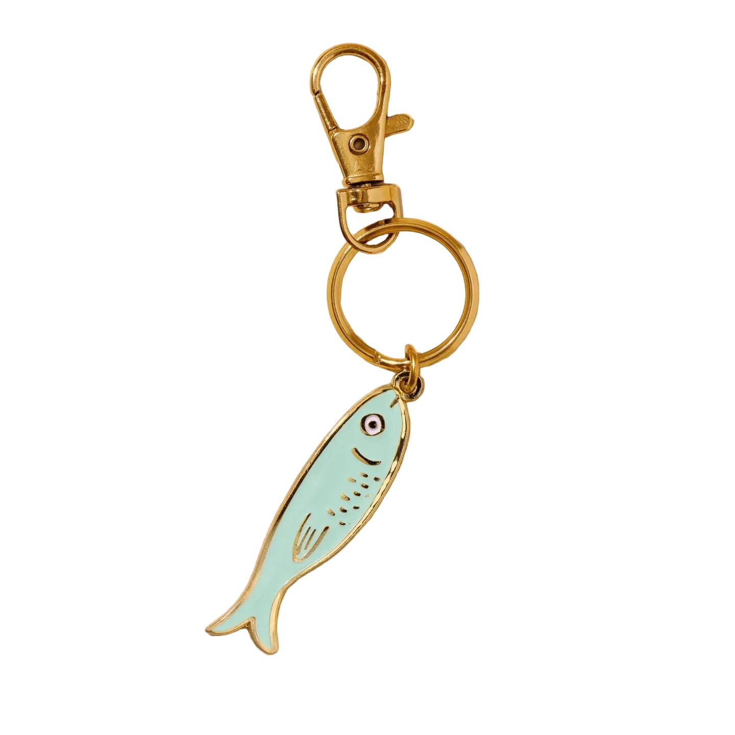 Sardine-shaped keychain with gold clasp on a beige background