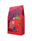 Red candy packaging with "Sassy Strawberry" text. Features a cartoon strawberry blowing bubblegum, wearing sneakers and a cap, holding a skateboard.