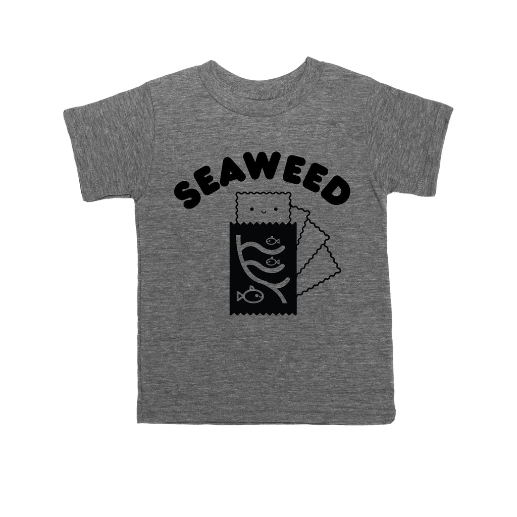 Grey tee screen printed with black ink with text reading SEAWEED above a smiling package of seaweed.