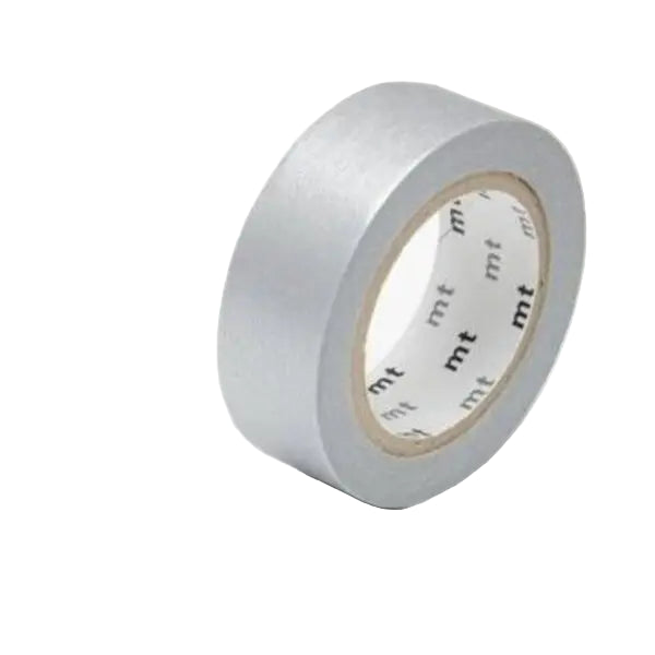 Roll of silver tape with 'mt' branding on a white background
