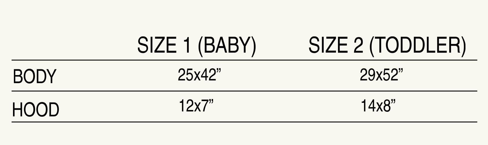 A size guide for hooded towels baby size body 25x42 inches hood 12x7 inches child size 29x52 inches hood 14x8 inches.