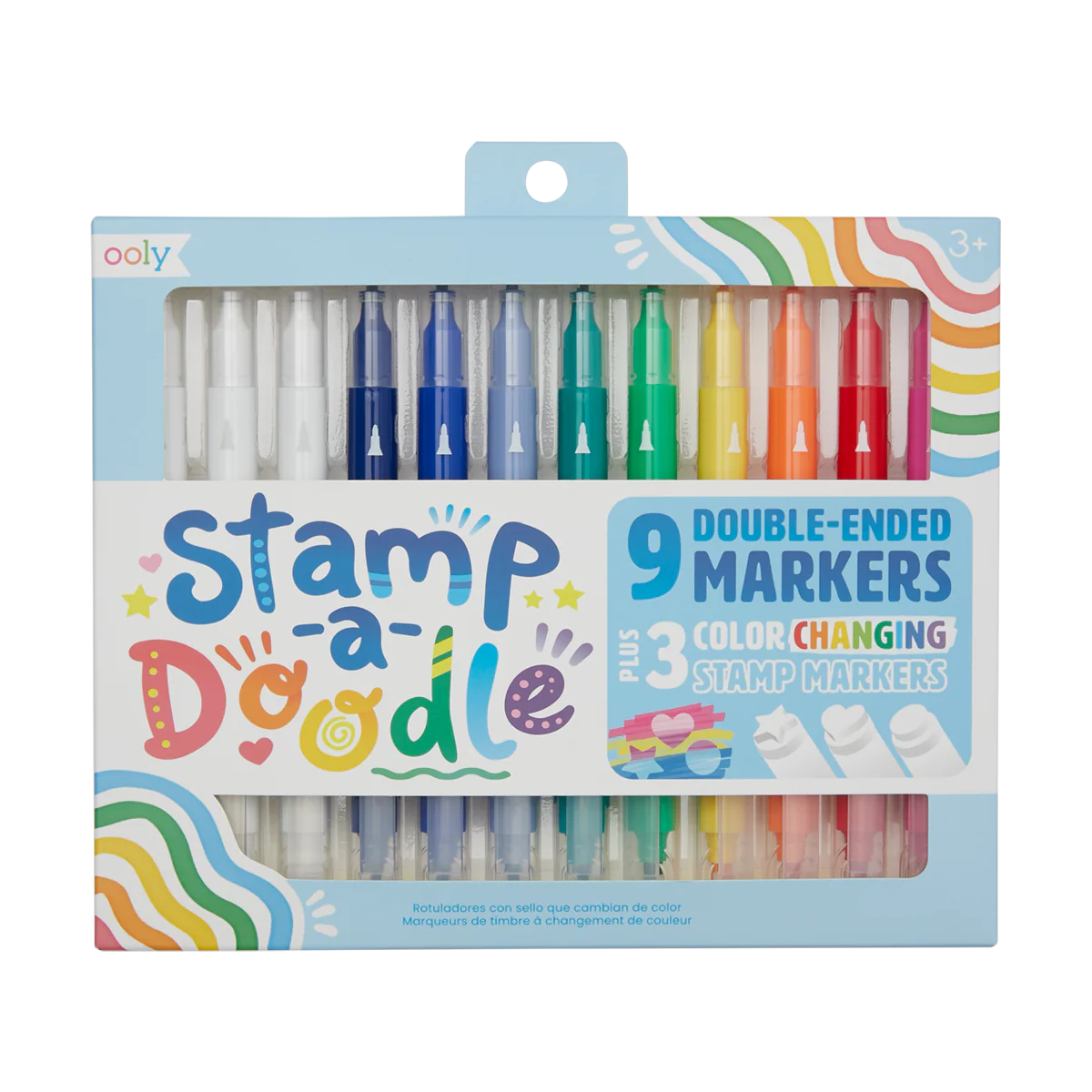 Packaging of Stamp-a-Doodle double-ended markers with colorful design