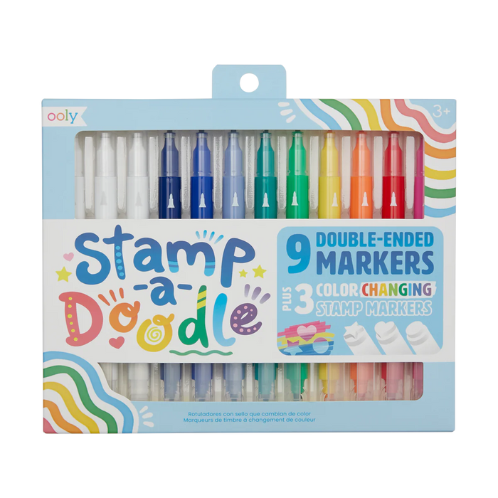 Packaging of Stamp-a-Doodle double-ended markers with colorful design