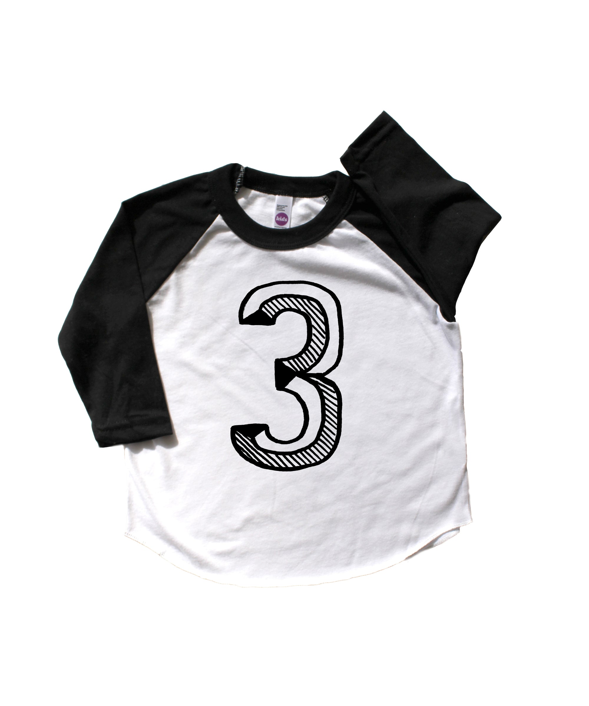 Baseball tee white with black sleeves screen printed with black number 3.