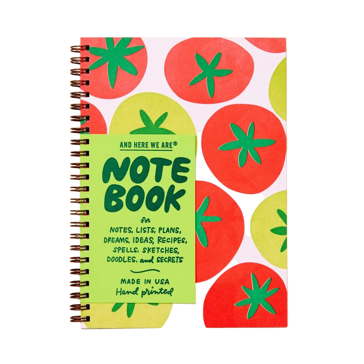 Notebook with tomato pattern on cover and green label