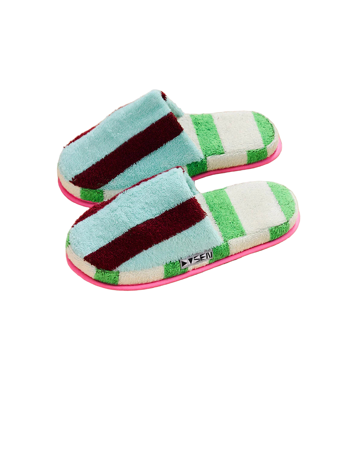 Pair of blue and magenta striped slippers. 