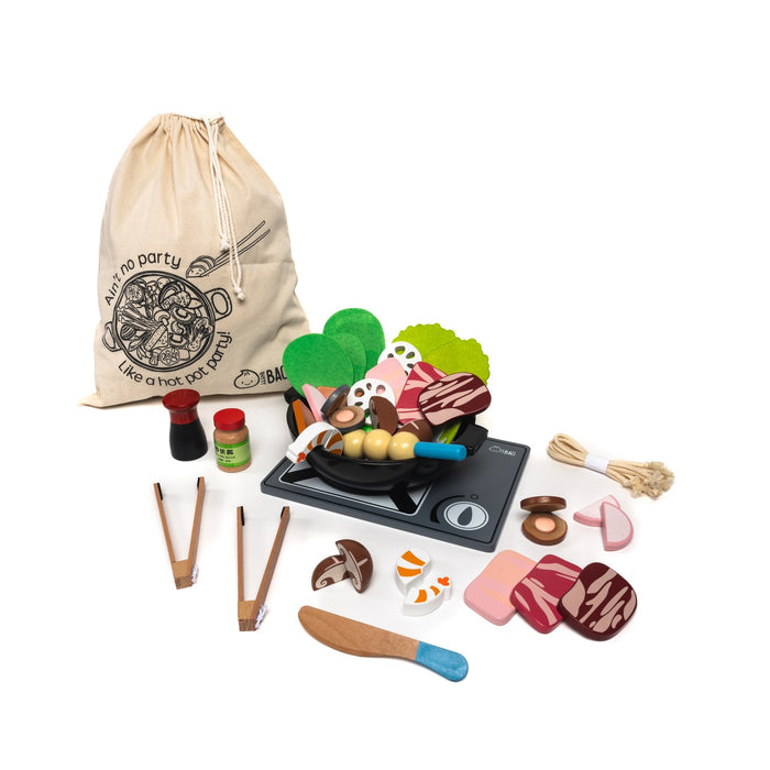 Wood hot pot set including meat vegetables utensils pot and burner with carry bag.