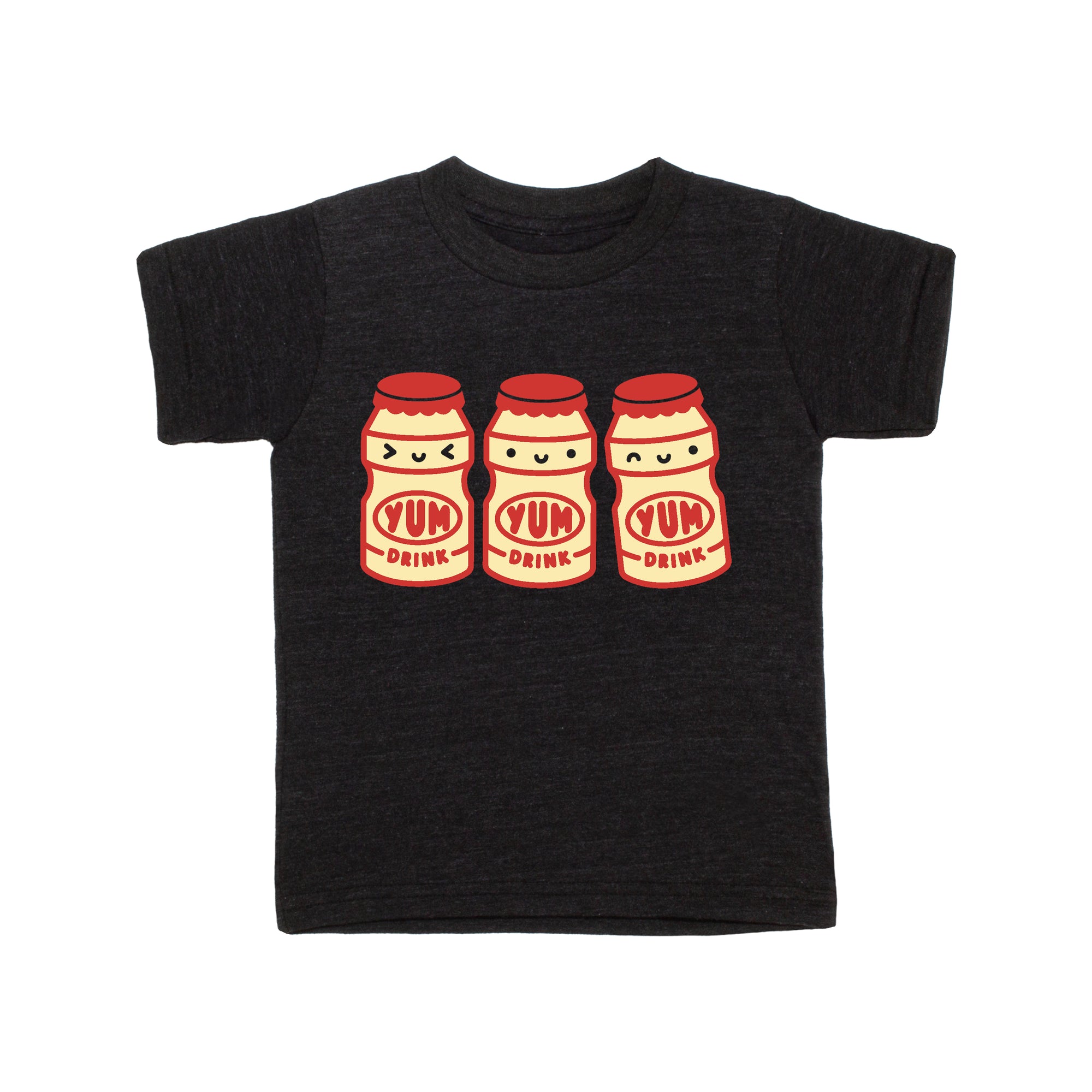 Black tee screen printed with three red and yellow yakult yogurt bottles with smiley faces.