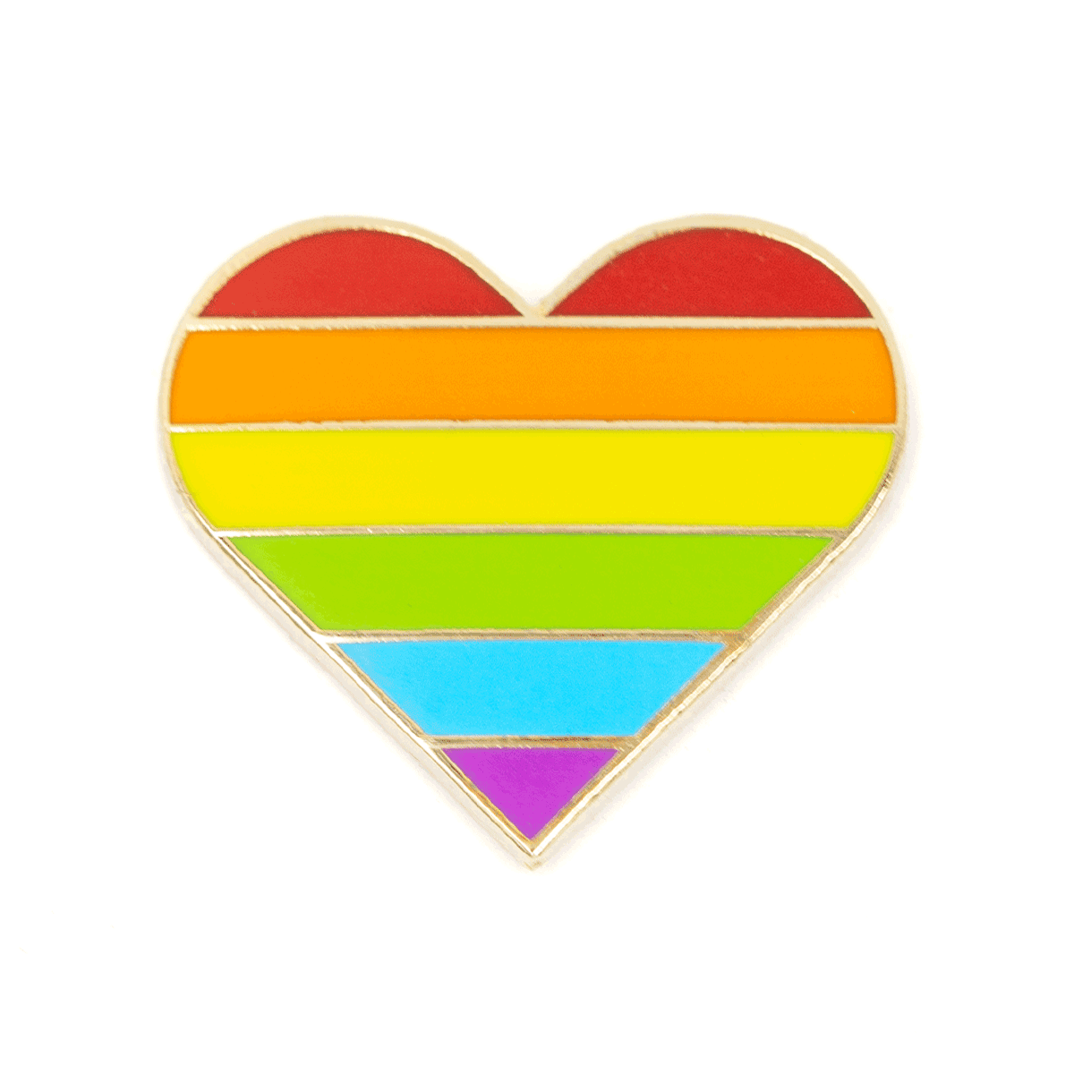A gold-colored enamel pin with a heart shape featuring rainbow stripes, with a rubber backing.