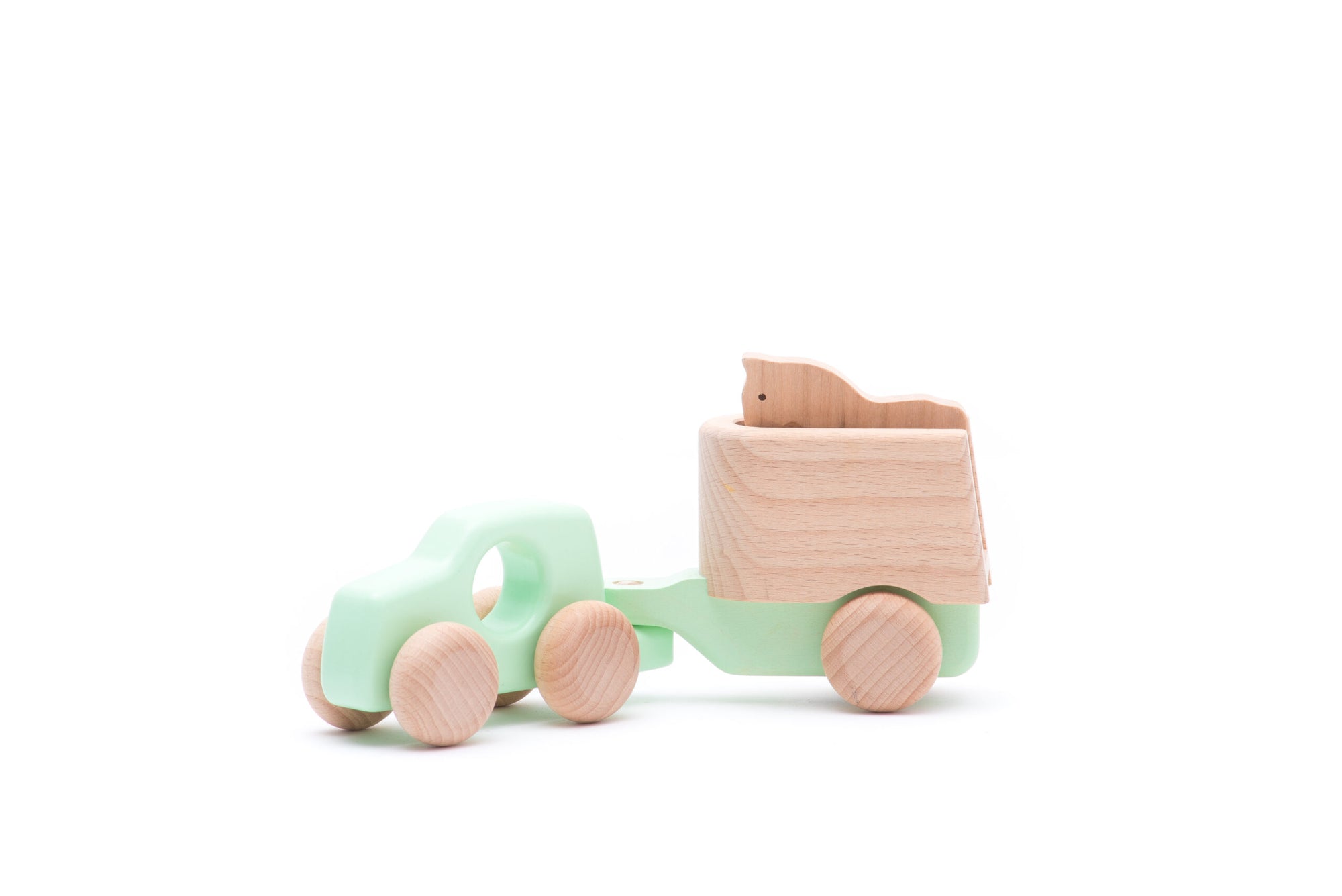 teal blue car towing wooden horse toy