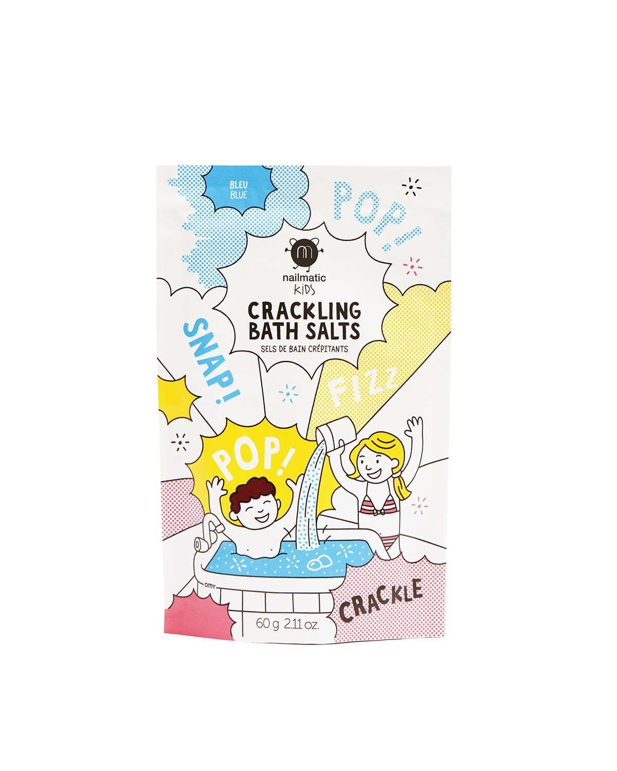 A pouch of Blue Nailmatic Kids Crackling Bath Salts with colorful playful graphics depicting children bathing and bubbles.
