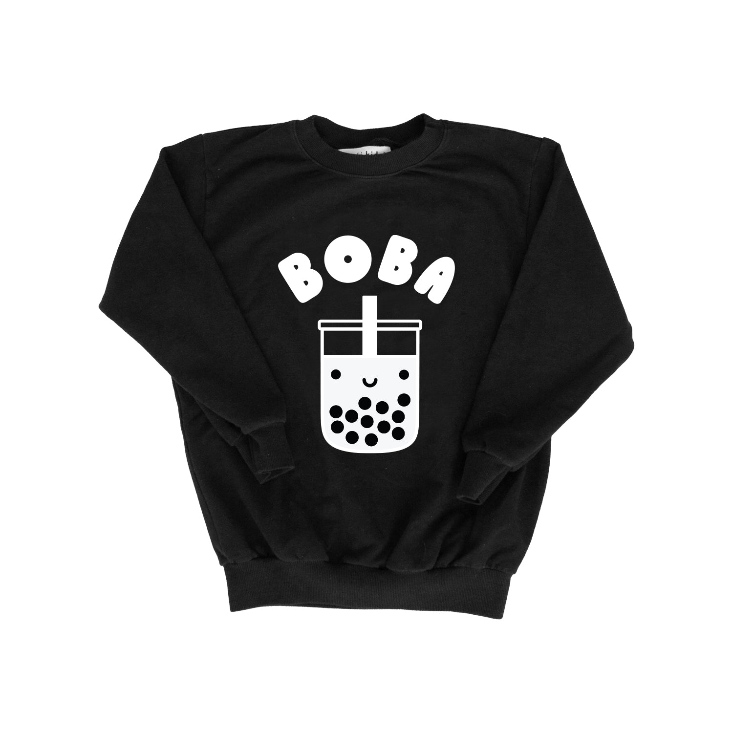 Black sweatshirt with screen printed white ink text BOBA above a smiling glass of boba.