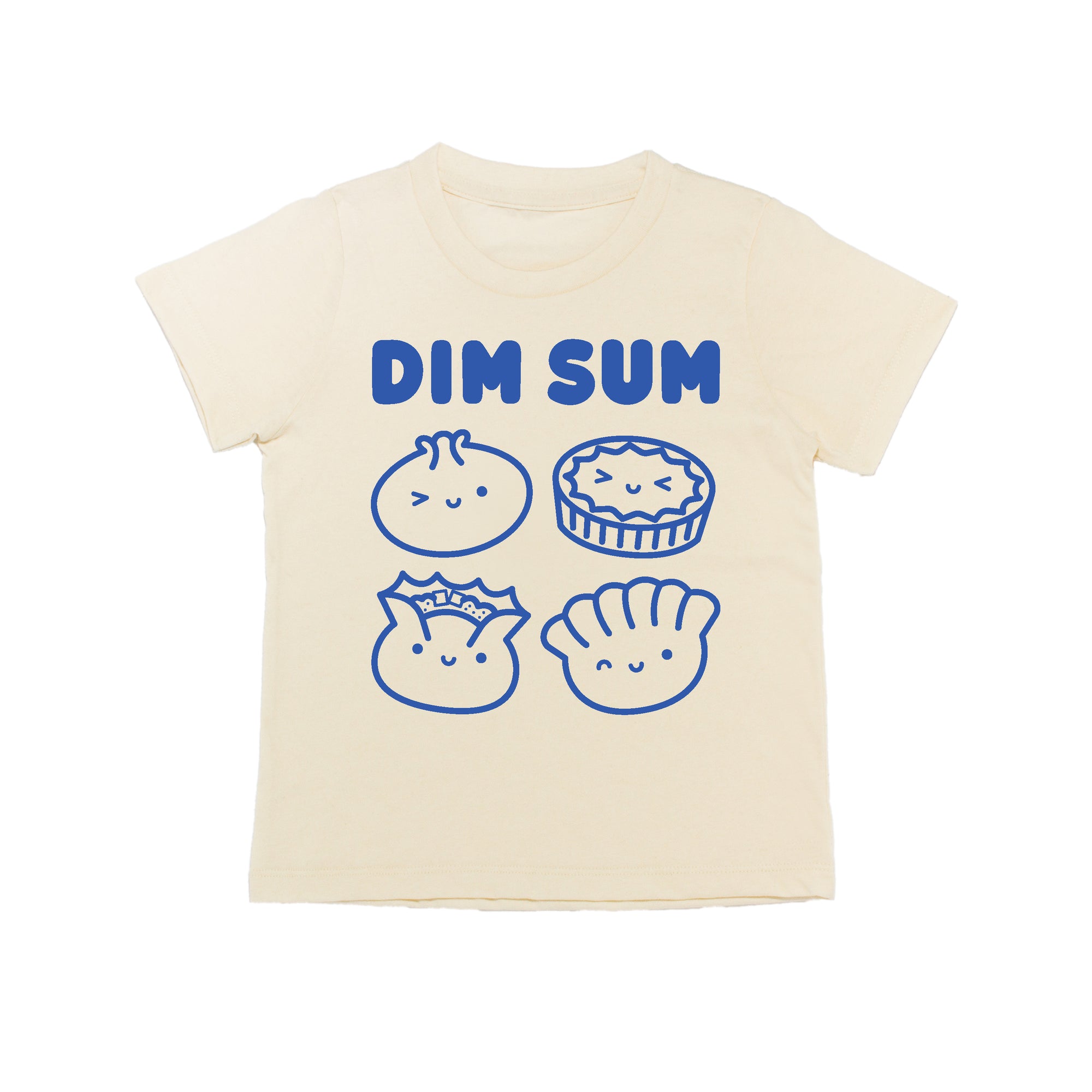 White tee with screen printed with blue ink text DIM SUM and four smiling Dim Sum dumplings.