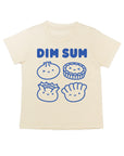 White tee with screen printed with blue ink text DIM SUM and four smiling Dim Sum dumplings.