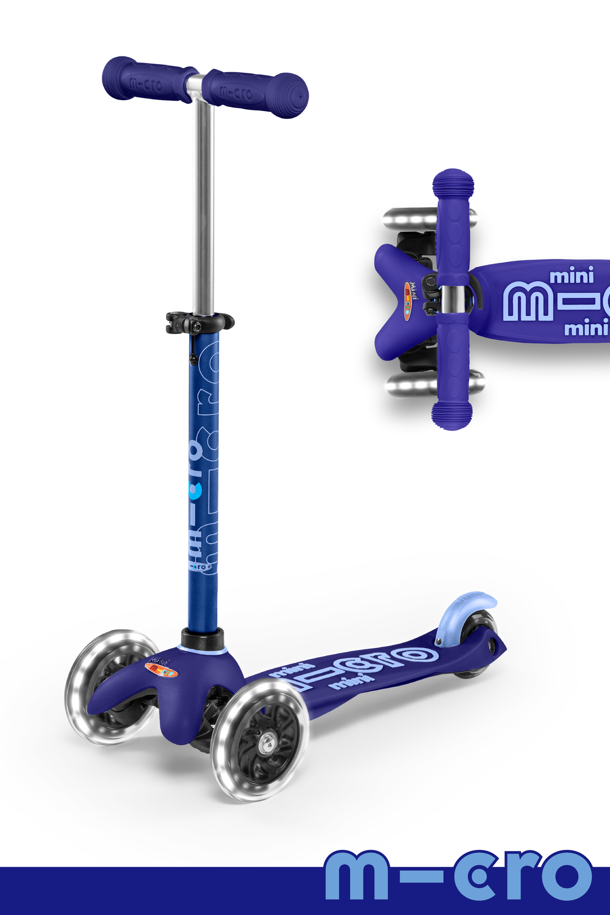 A blue and light blue three wheeled push scooter with the front two wheels lit up with LED lights.