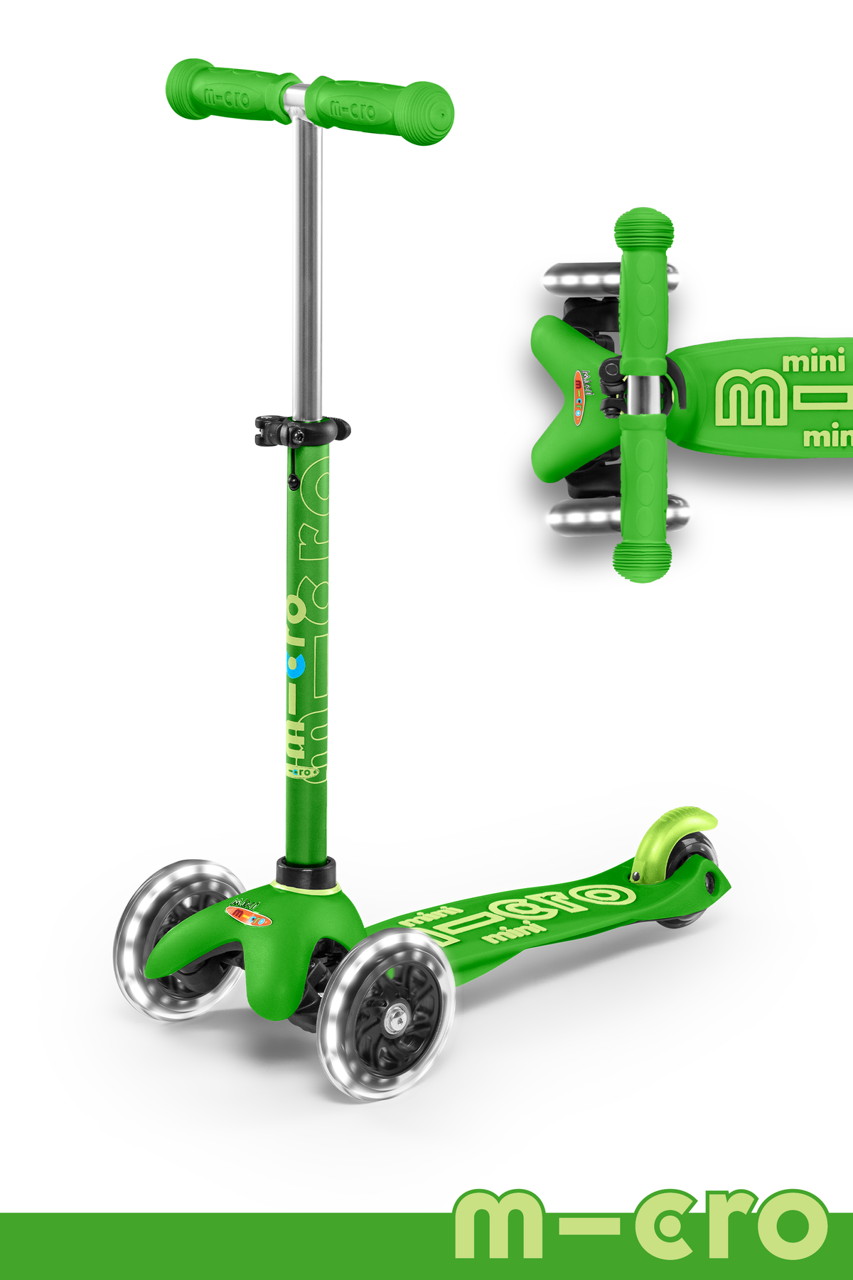 A Green and light Green three wheeled push scooter with the front two wheels lit up with LED lights.