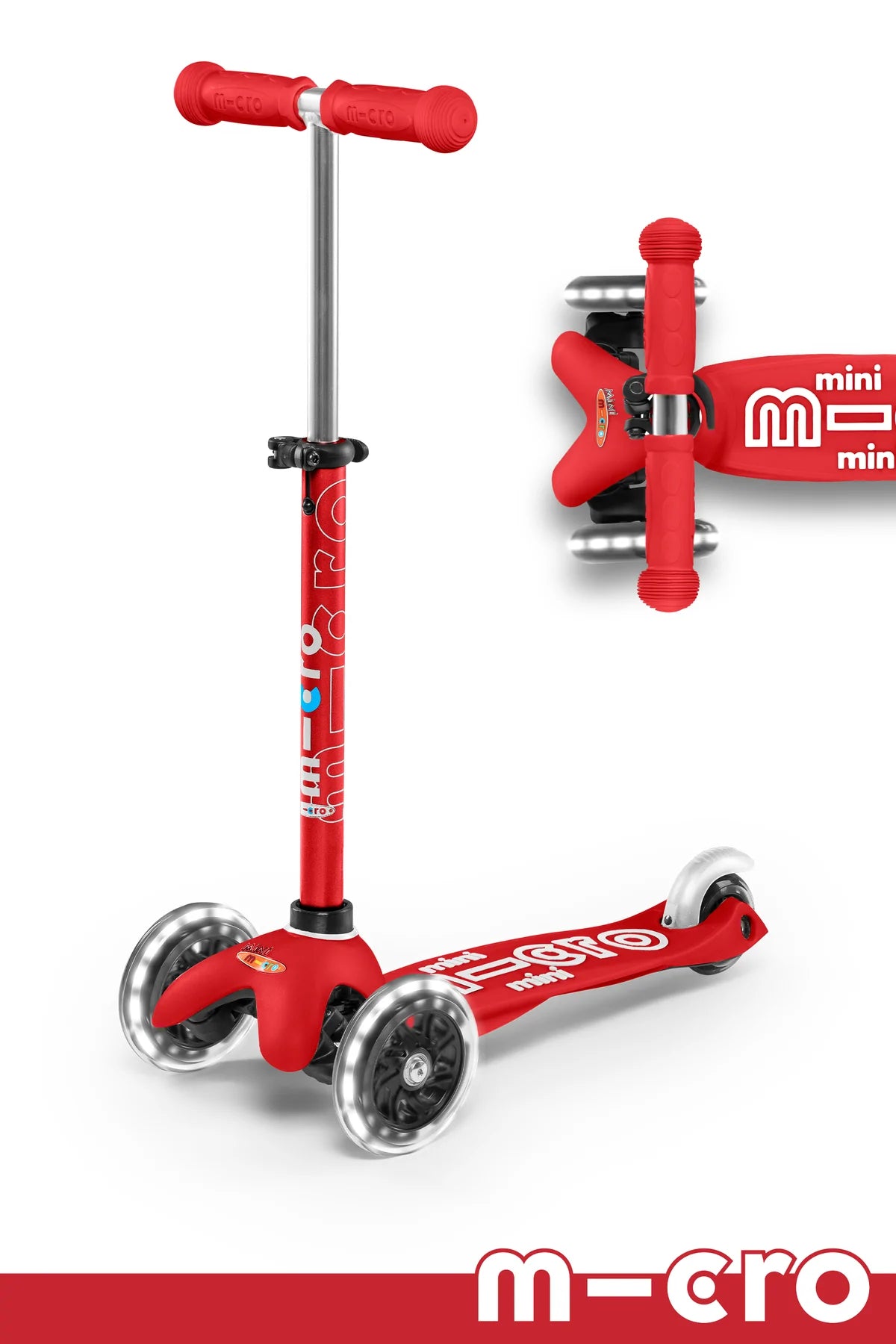 A red and white three wheeled push scooter with the front two wheels lit up with LED lights.