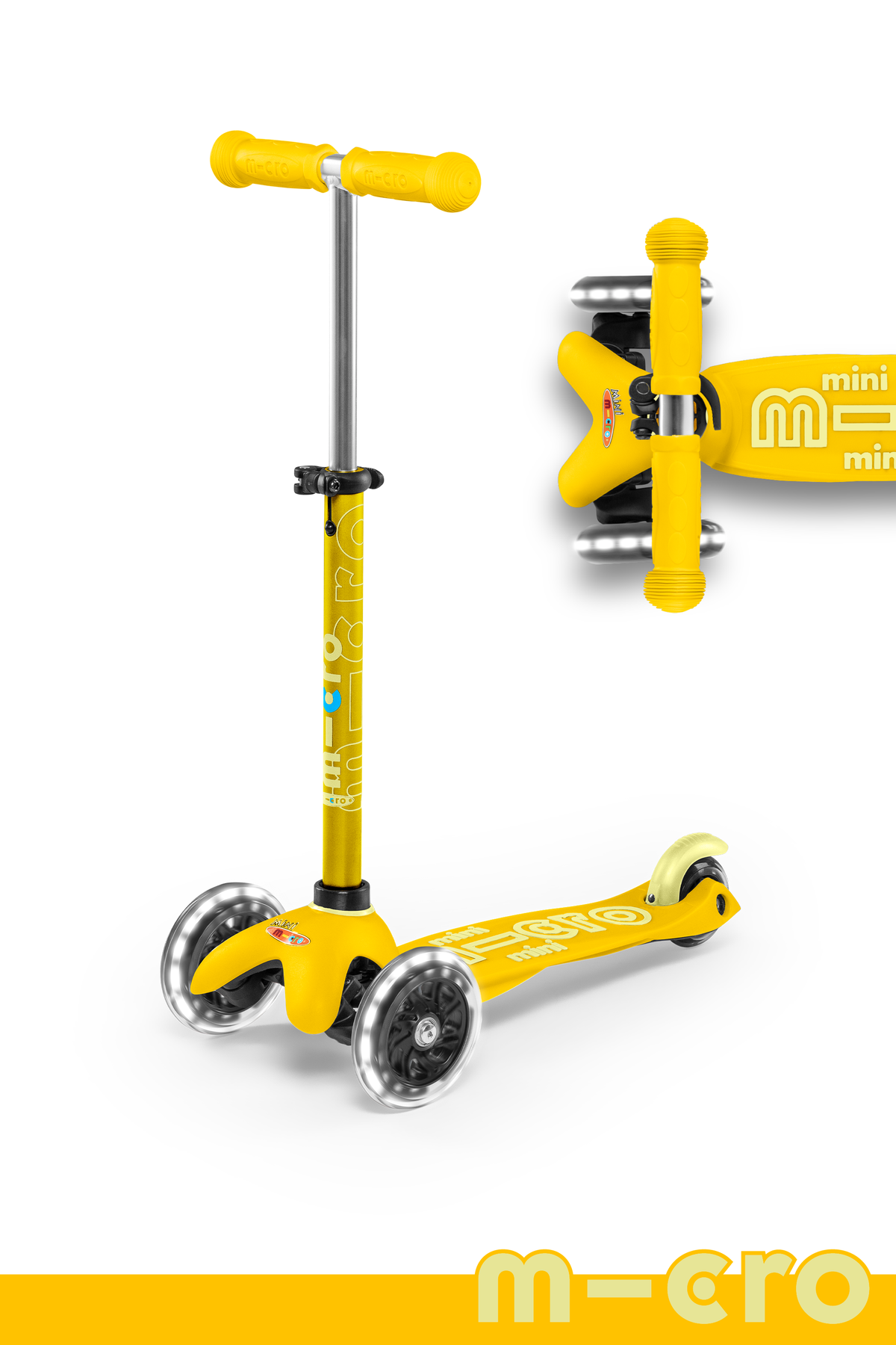 A Yellow and Light Yellow three wheeled push scooter with the front two wheels lit up with LED lights.