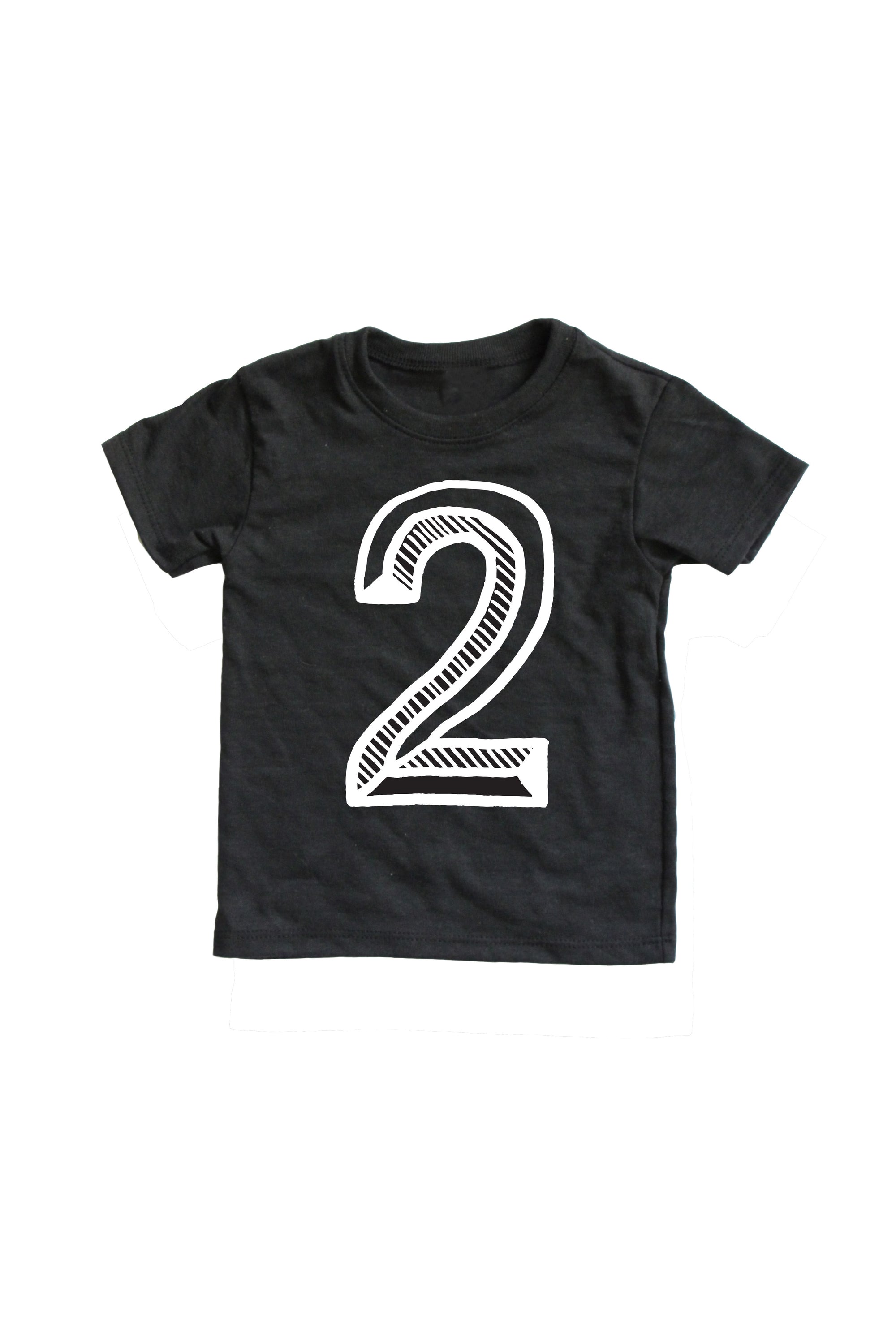 Black tee screen printed with white number 2.