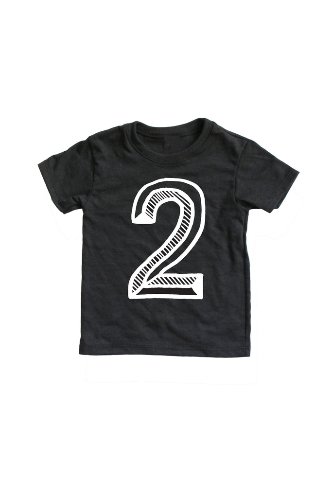 Black tee screen printed with white number 2.