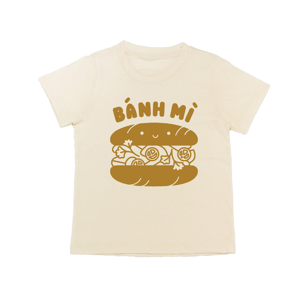 White tee screen printed with brown ink text BANH MI above a smiling banh mi sandwich.