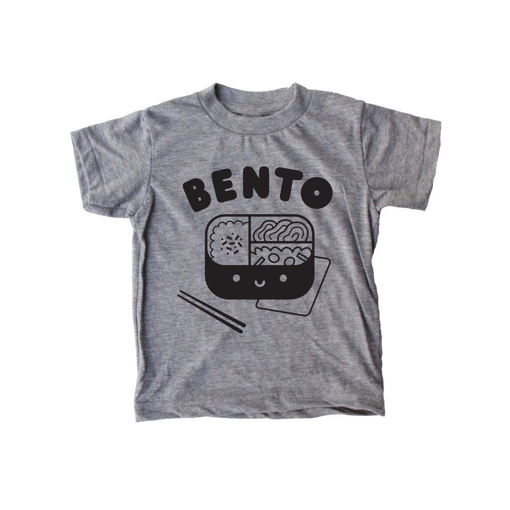 Grey tee screen printed with black ink text BENTO above a black smiling bento box lunch with chopsticks.