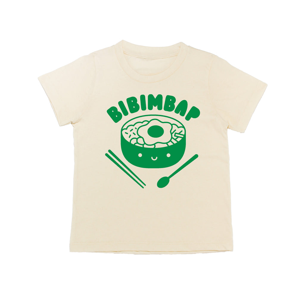 White tee screen printed in green ink text BIBIMBAP above pot of smiling bibimbap, chopsticks, and a spoon.
