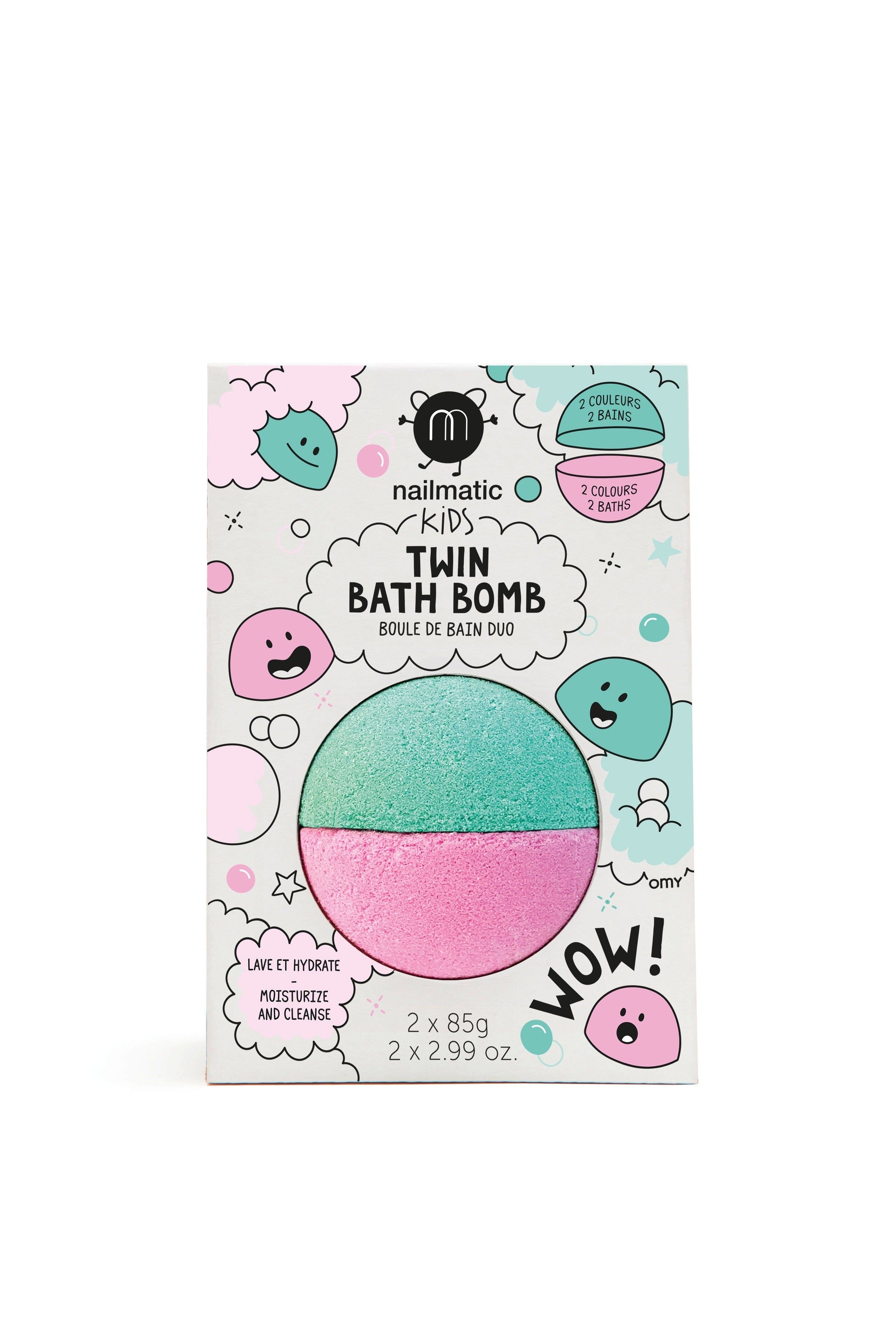 Packaging of twin bath bombs by Nailmatic, featuring one pink and one teal bath bomb, with playful character illustrations and product information.