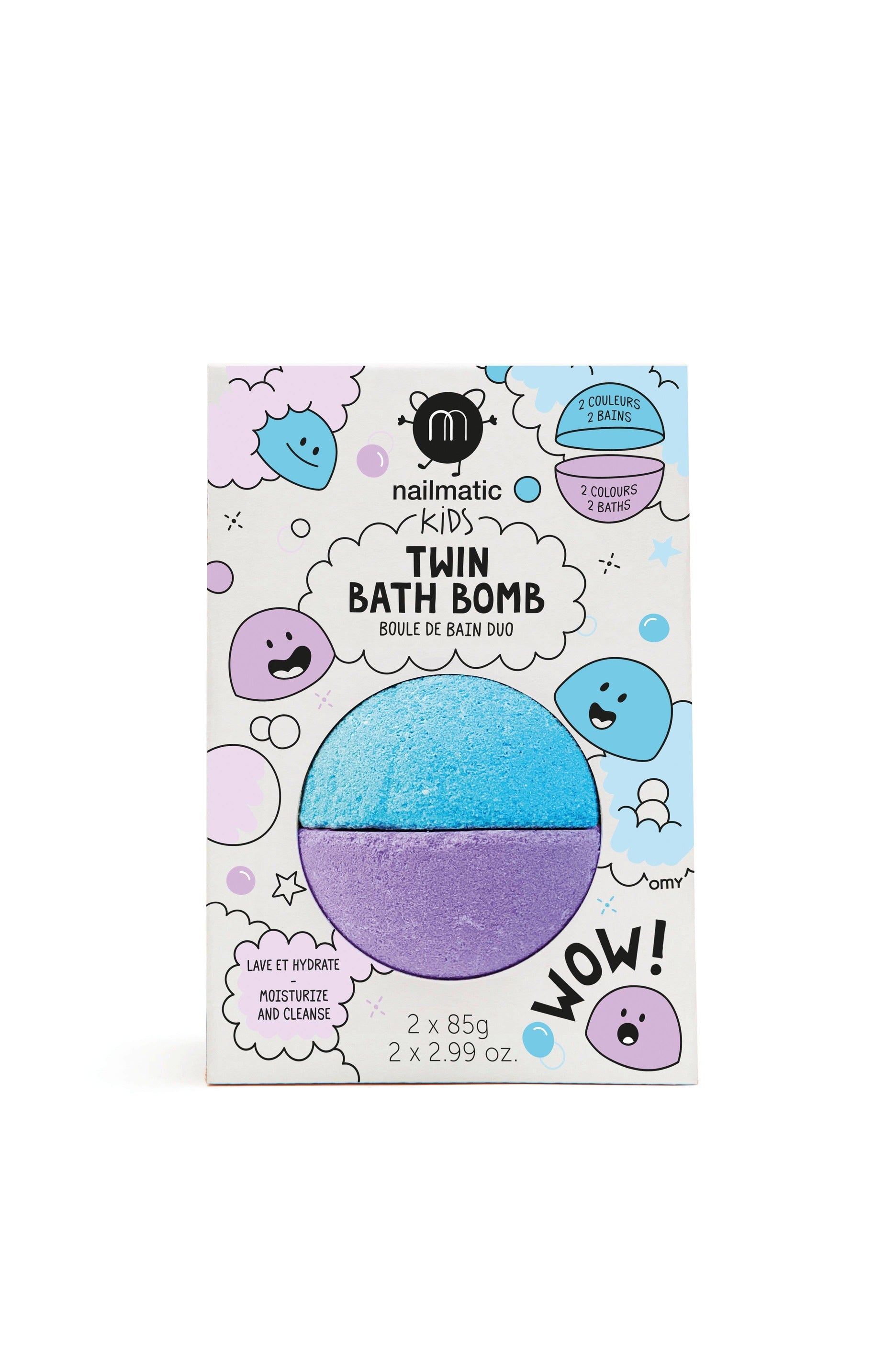 Packaging of twin bath bombs by Nailmatic, featuring one purple and one blue bath bomb, with playful character illustrations and product information.