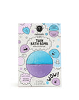 Packaging of twin bath bombs by Nailmatic, featuring one purple and one blue bath bomb, with playful character illustrations and product information.