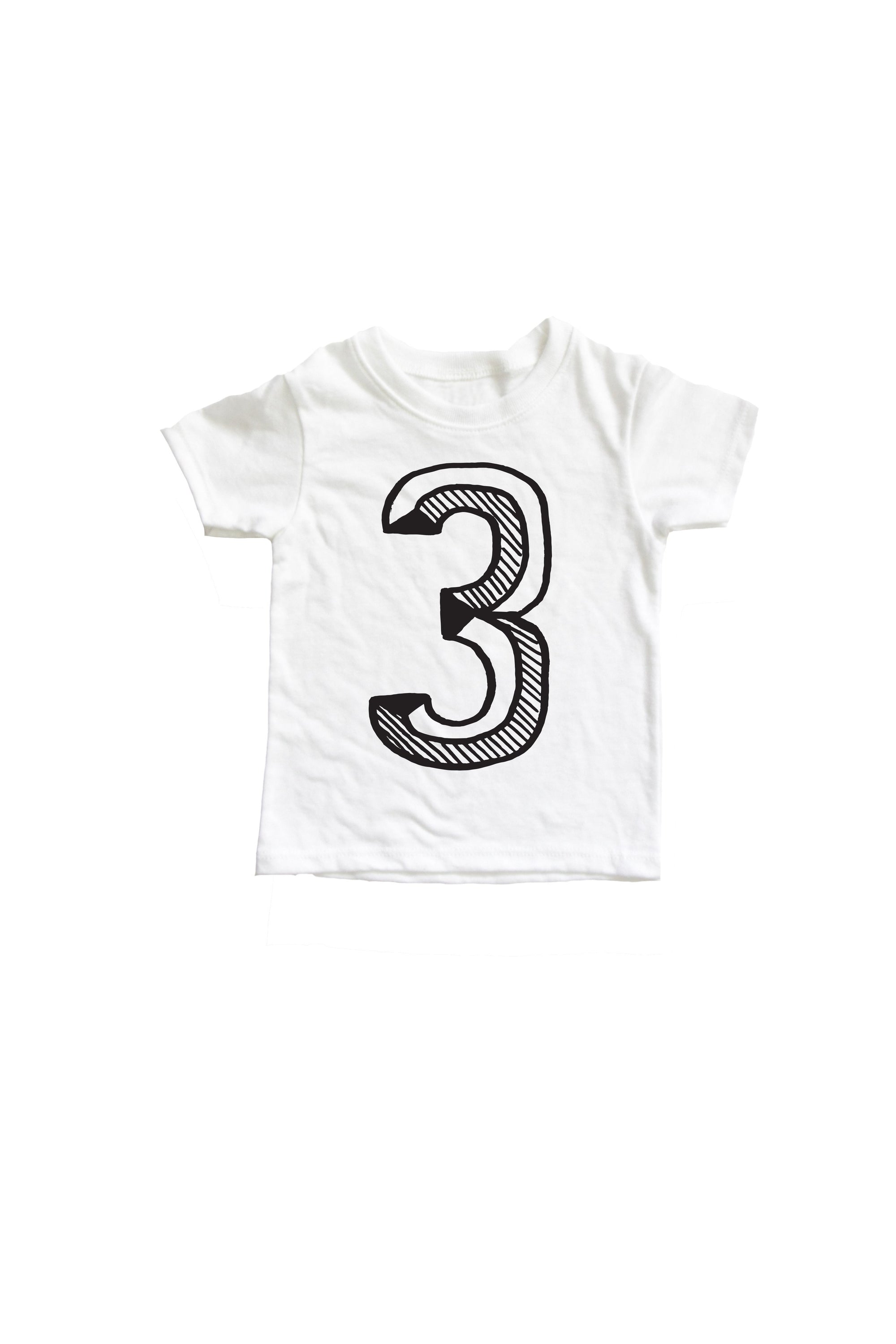 White tee with black screen print of a number 3.