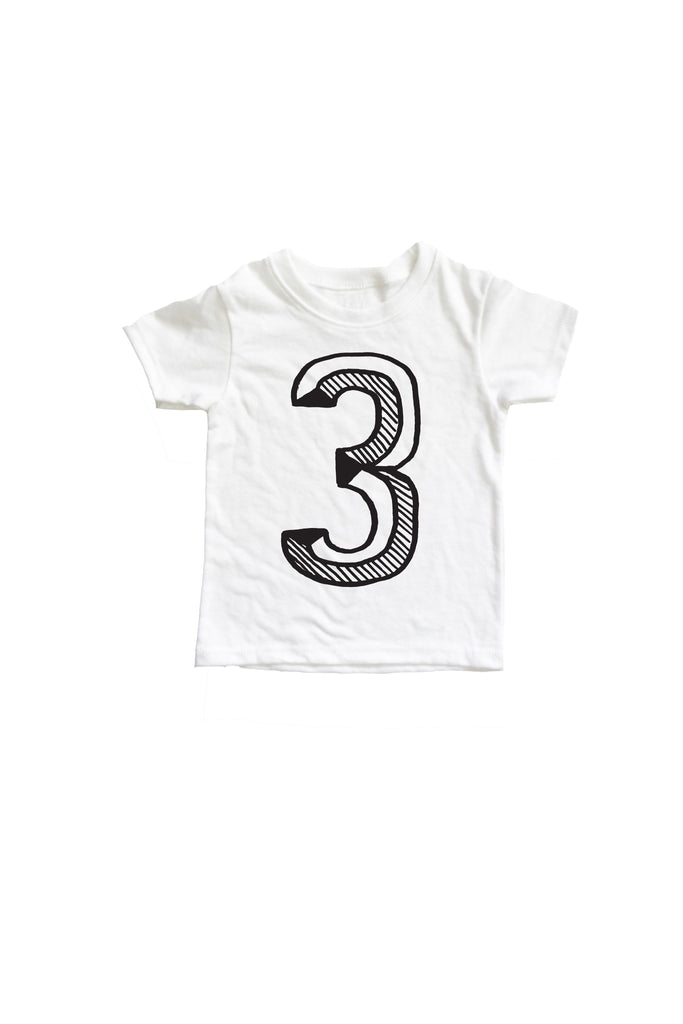 White tee with black screen print of a number 3.