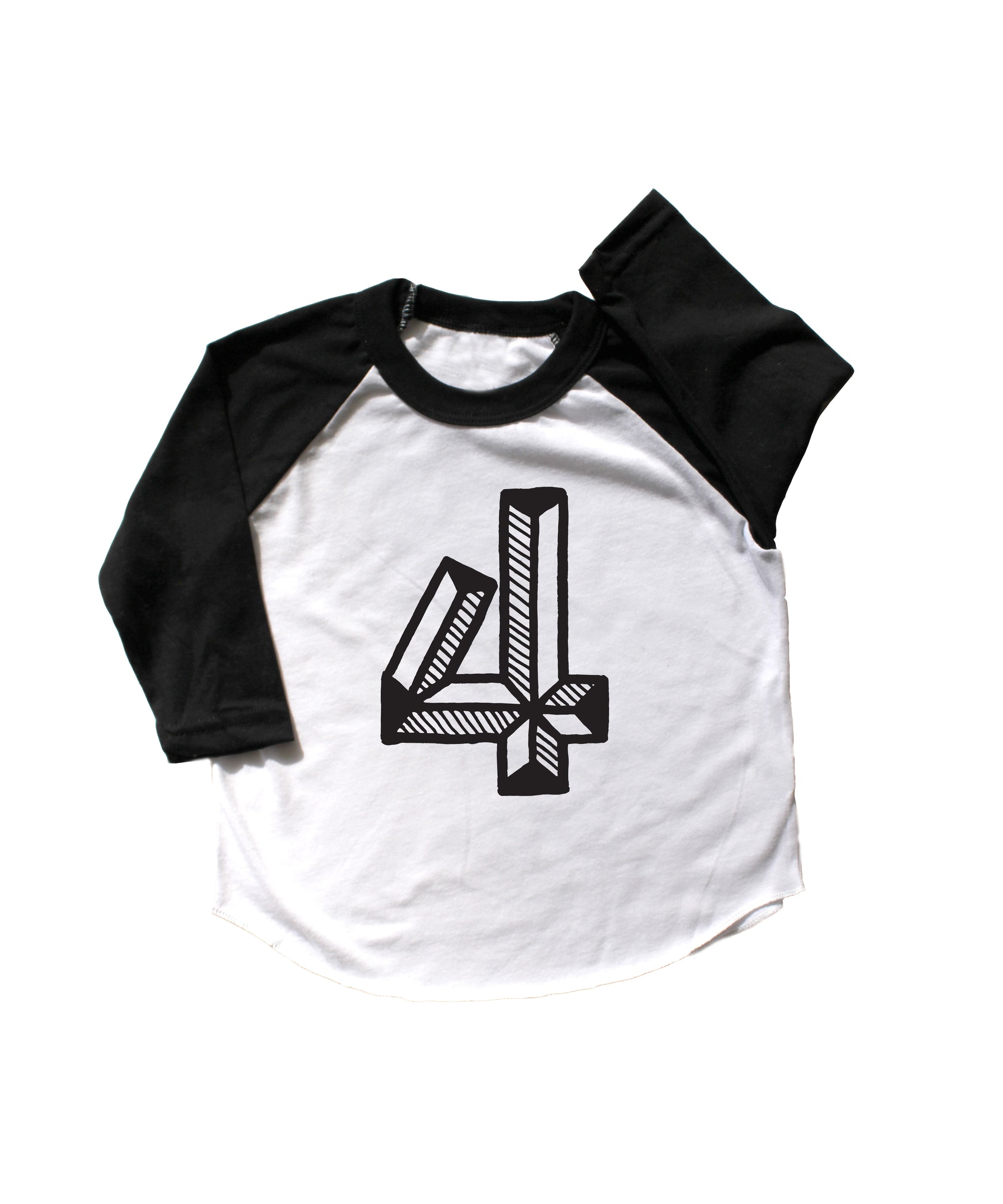 Baseball tee white with black sleeves screen printed with black number 4.