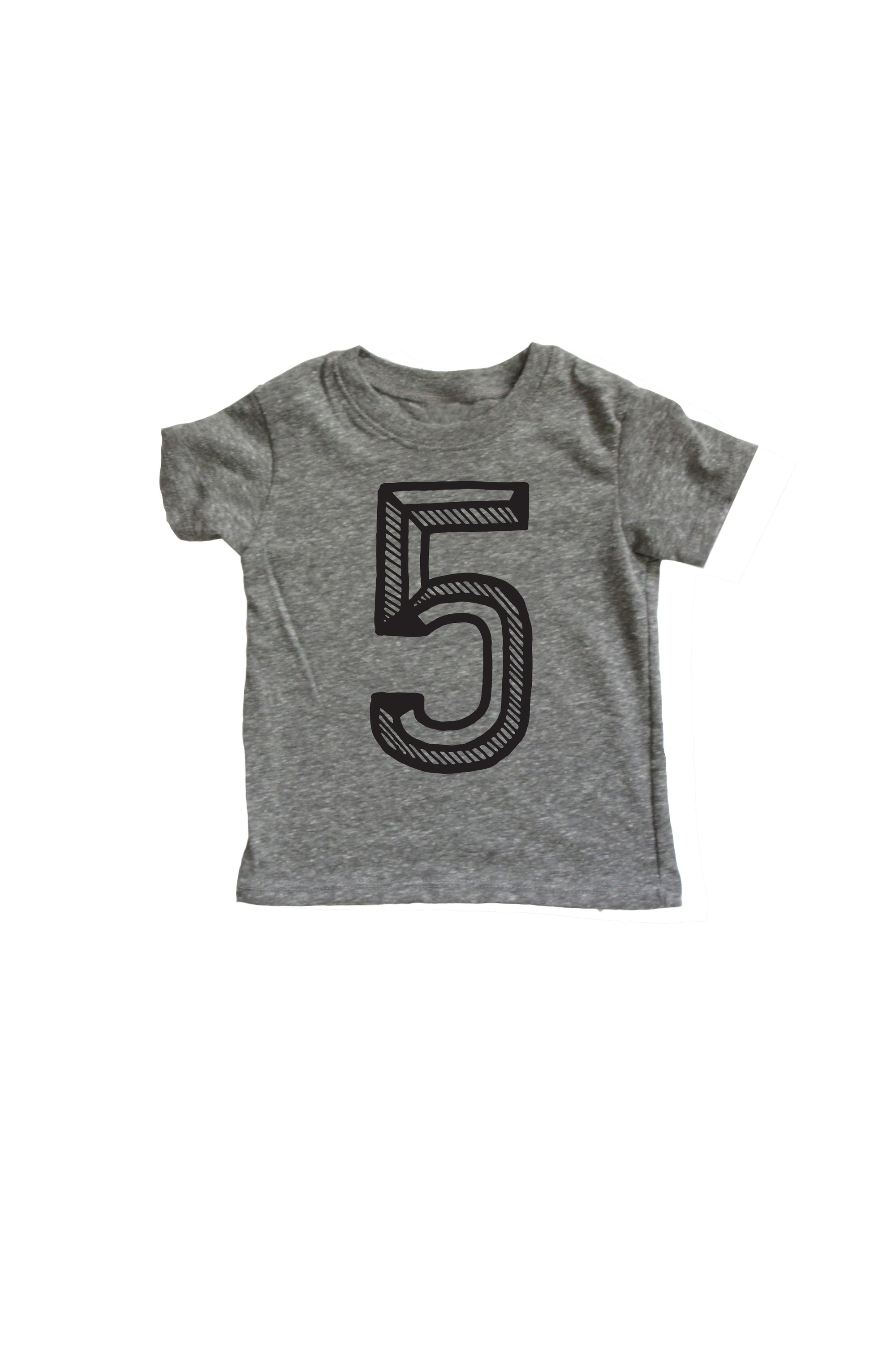 Gray tee screen printed with black number 5.