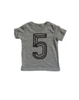 Gray tee screen printed with black number 5.