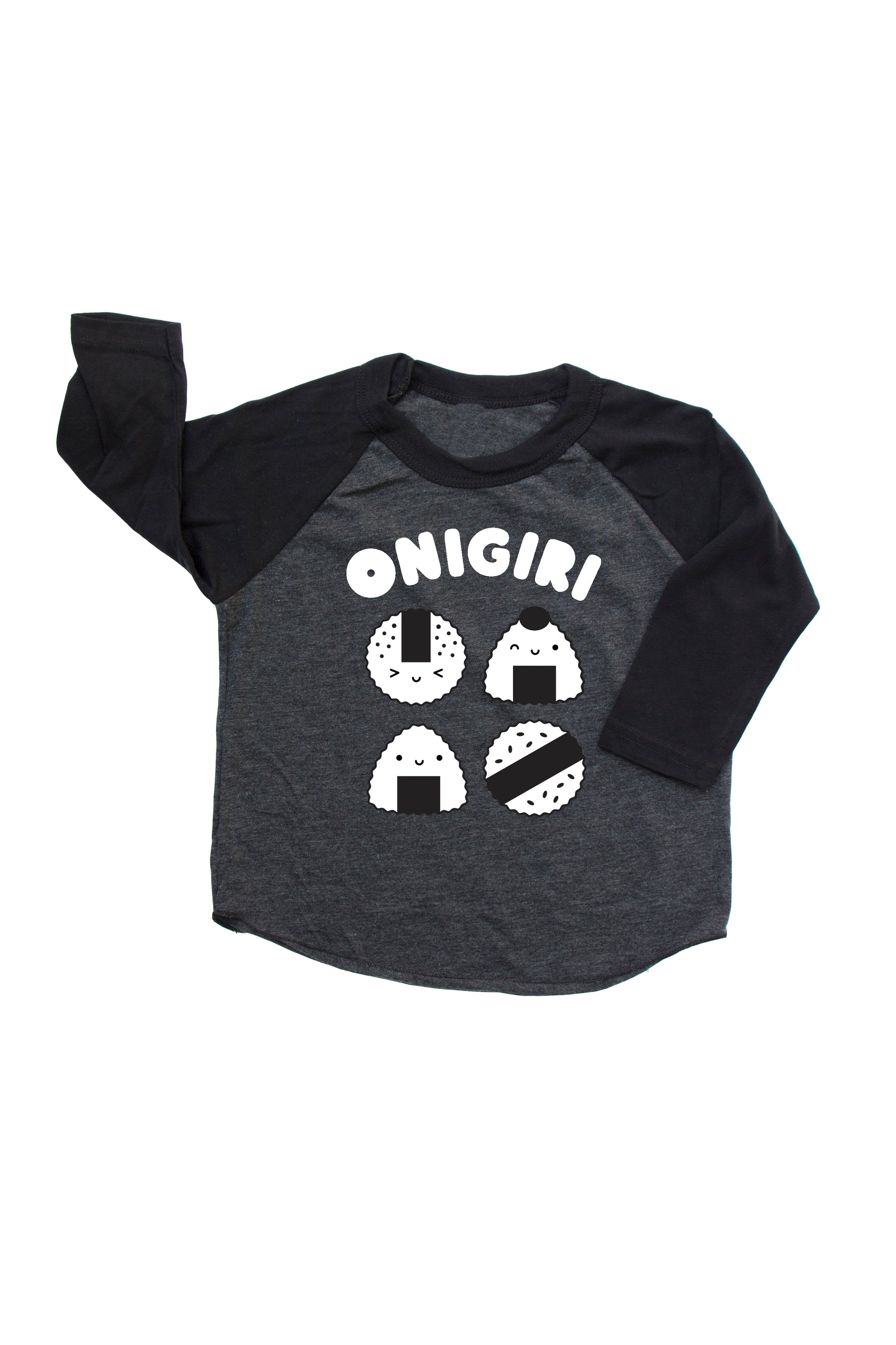 Grey baseball tee with black sleeves printed with white text ONIGIRI above four smiling onigiri.