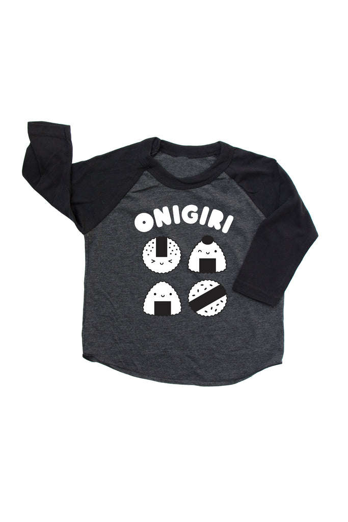 Grey baseball tee with black sleeves printed with white text ONIGIRI above four smiling onigiri.