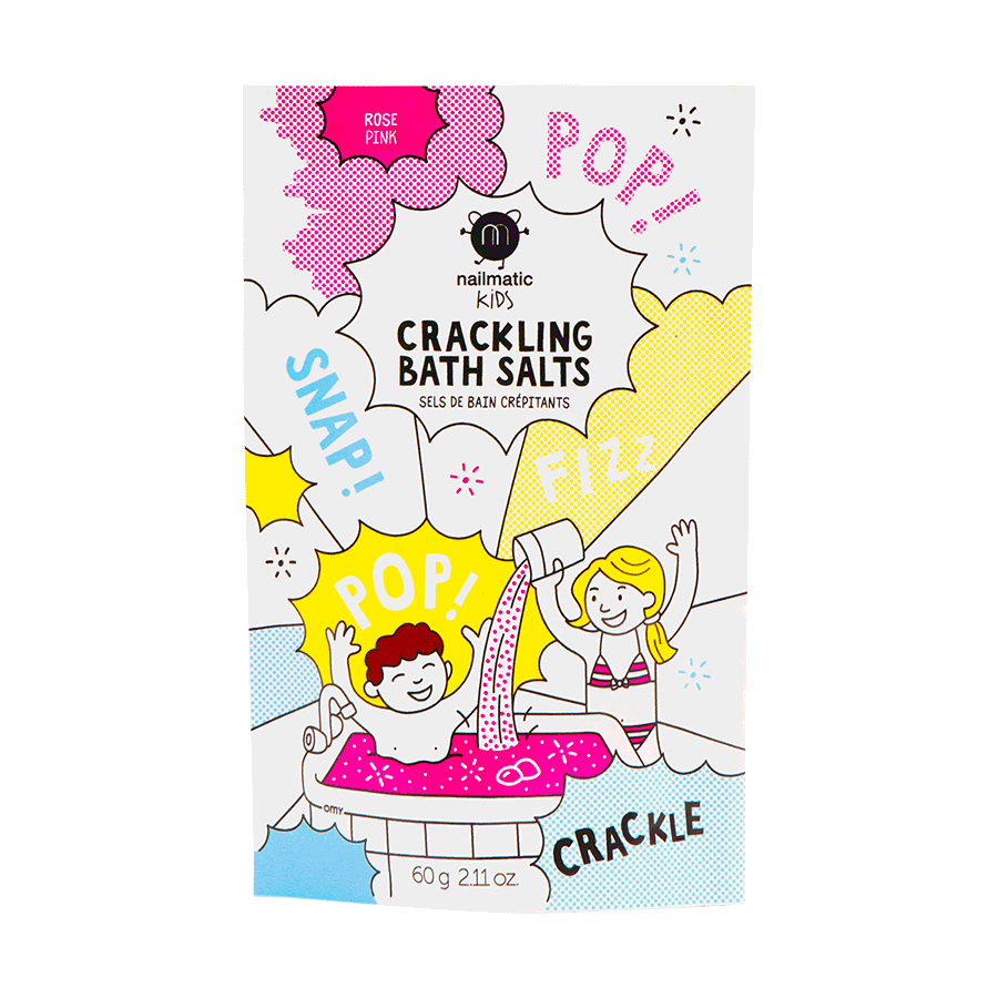 A pouch of Pink Nailmatic Kids Crackling Bath Salts with colorful playful graphics depicting children bathing and bubbles.