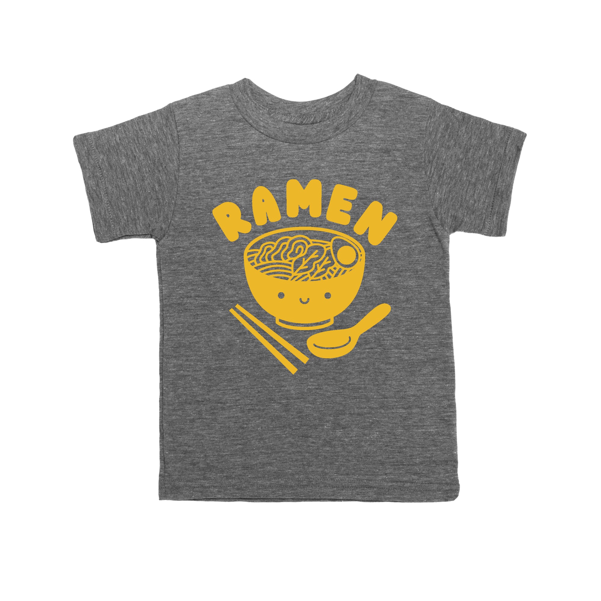 Grey tee screen printed with yellow ink text RAMEN above a smiling bowl of ramen with chopsticks, and soup spoon.