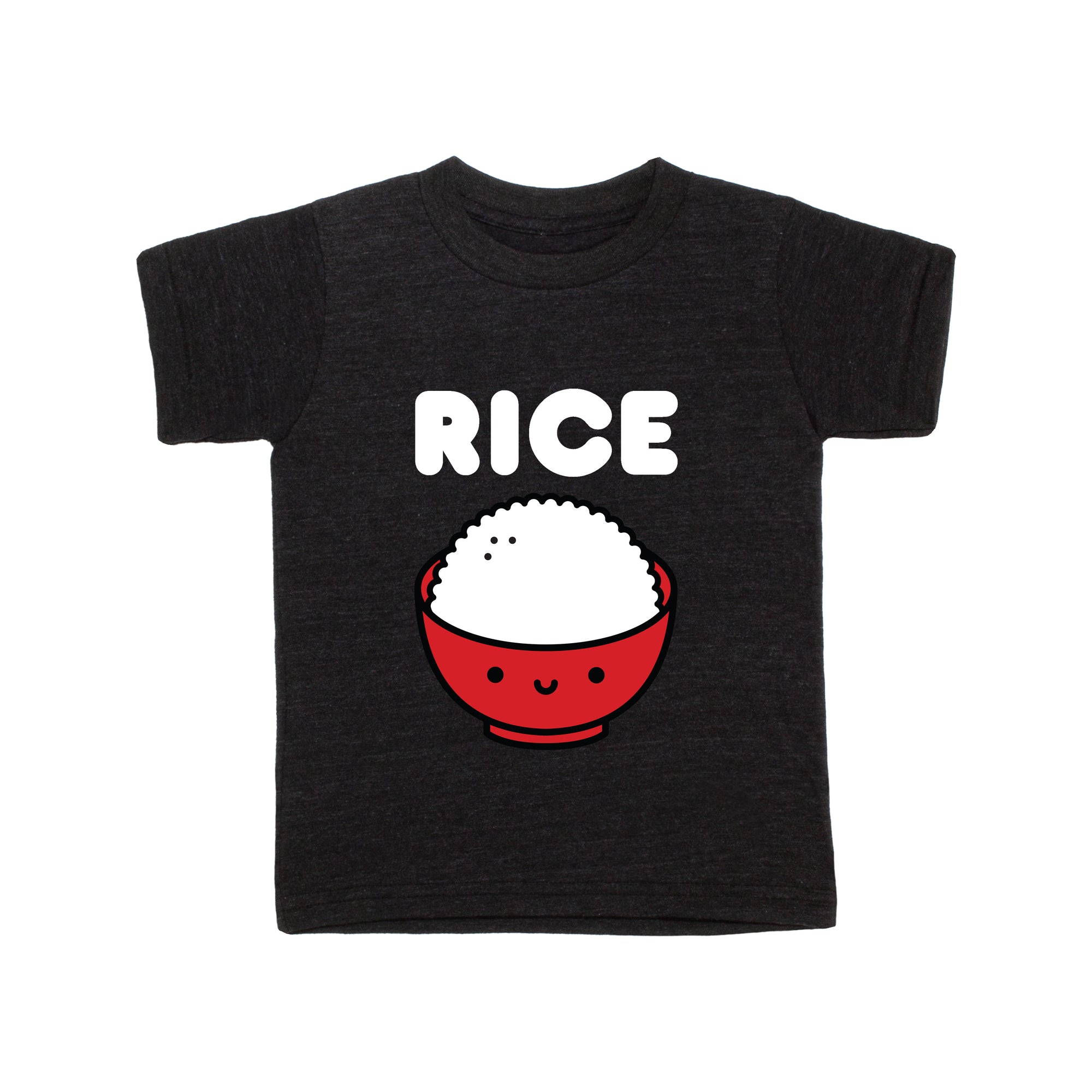Black tee screen printed with white ink text RICE above a red smiling bowl full of white rice.