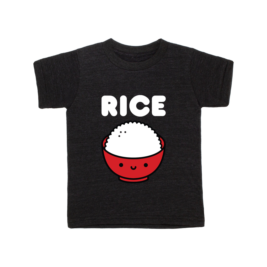 Black tee screen printed with white ink text RICE above a red smiling bowl full of white rice.