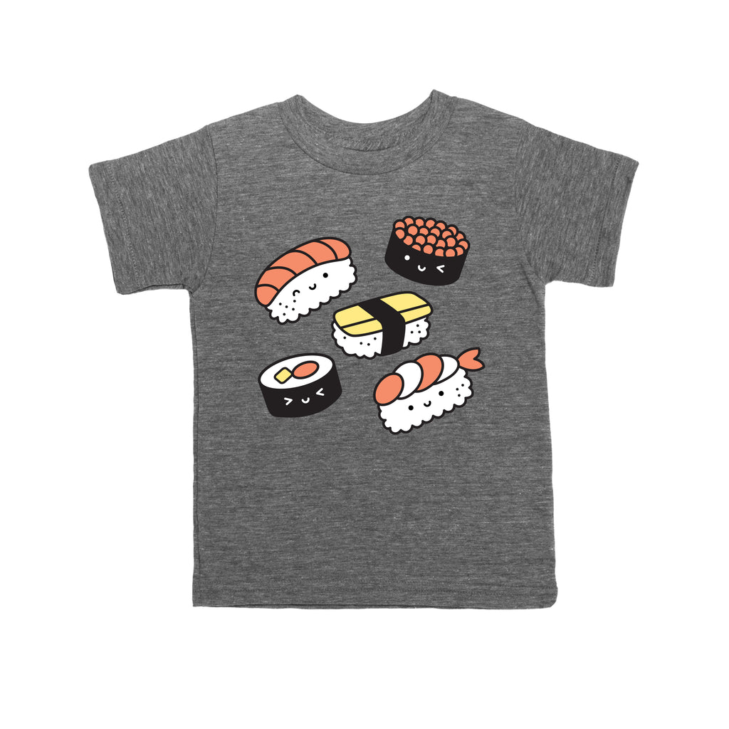 Grey tee screen printed with five pieces of sushi colored white, black, red, and yellow. 